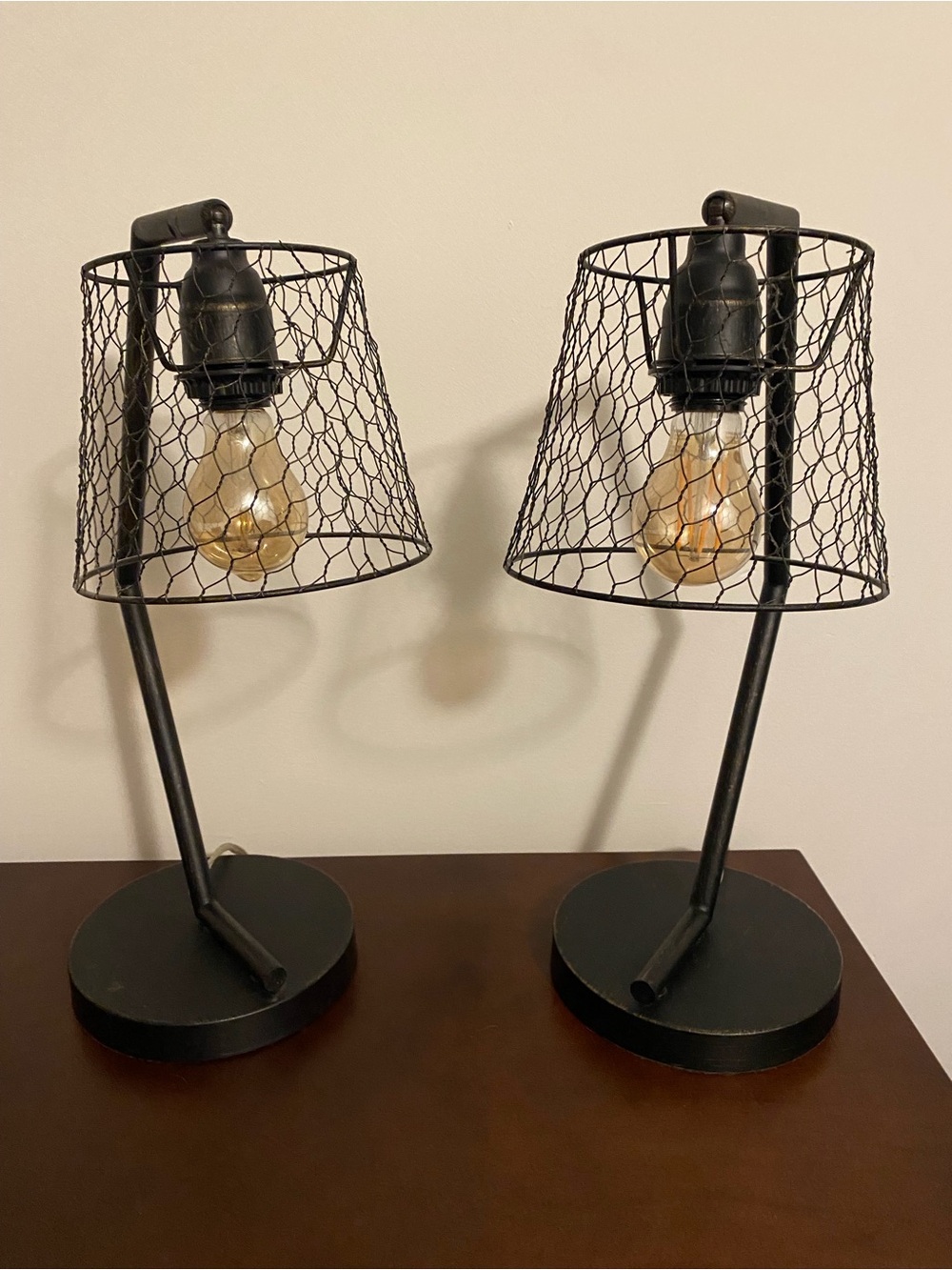Pair of Industrial Black Wire Cage Table Lamps